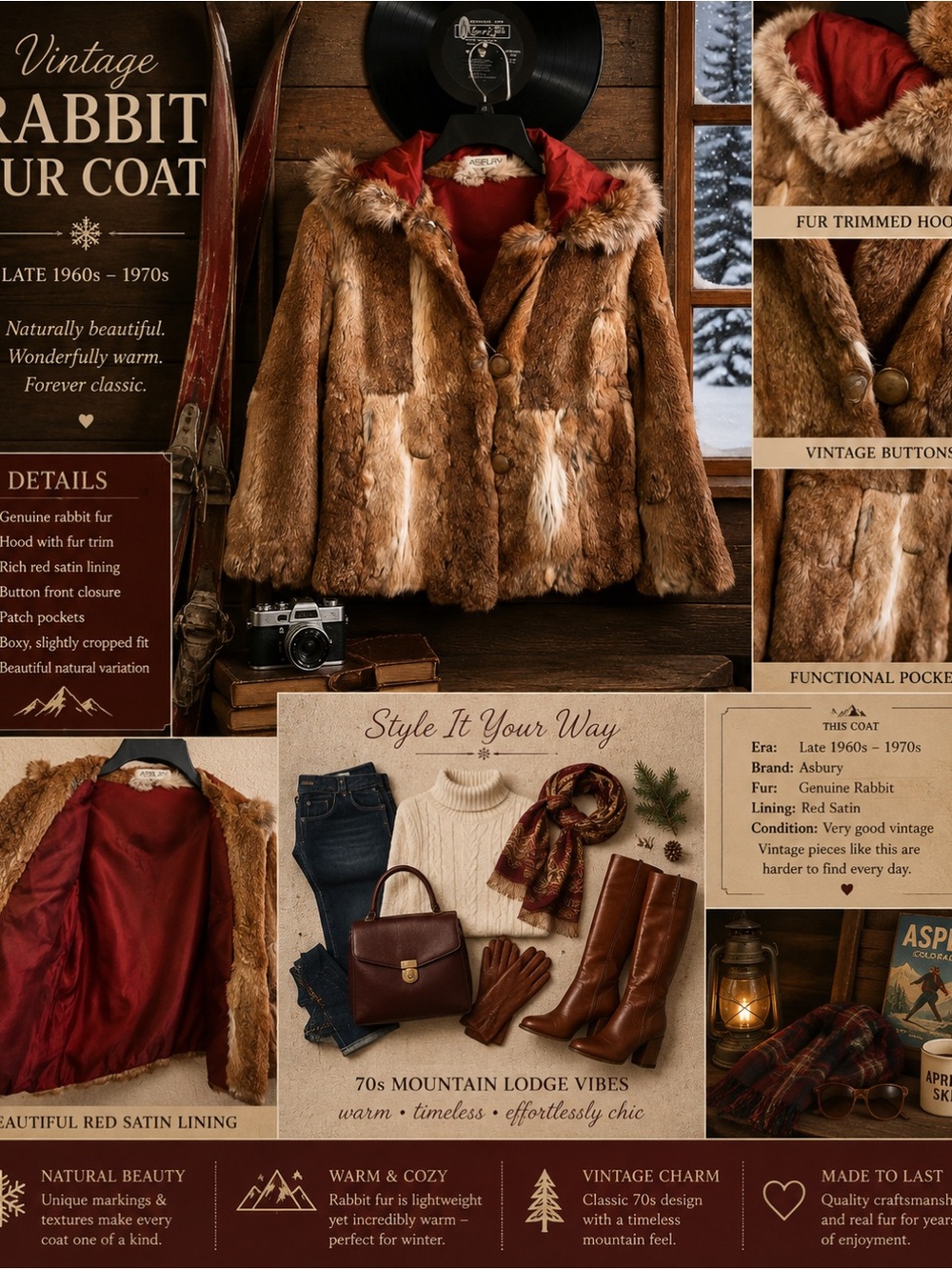 True Vintage Rabbit Fur Pea Coat in Brown with Red Satin Lining